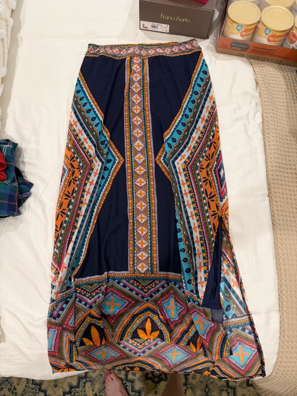 Chico's Navy Maxi Skirt with Orange & Turquoise Geo Print